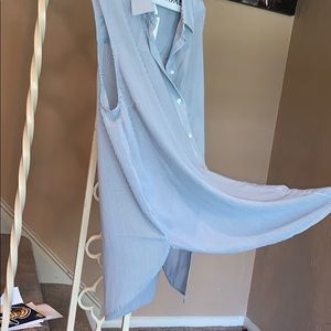 Blue and White Striped Sleeveless Sheer Blouse